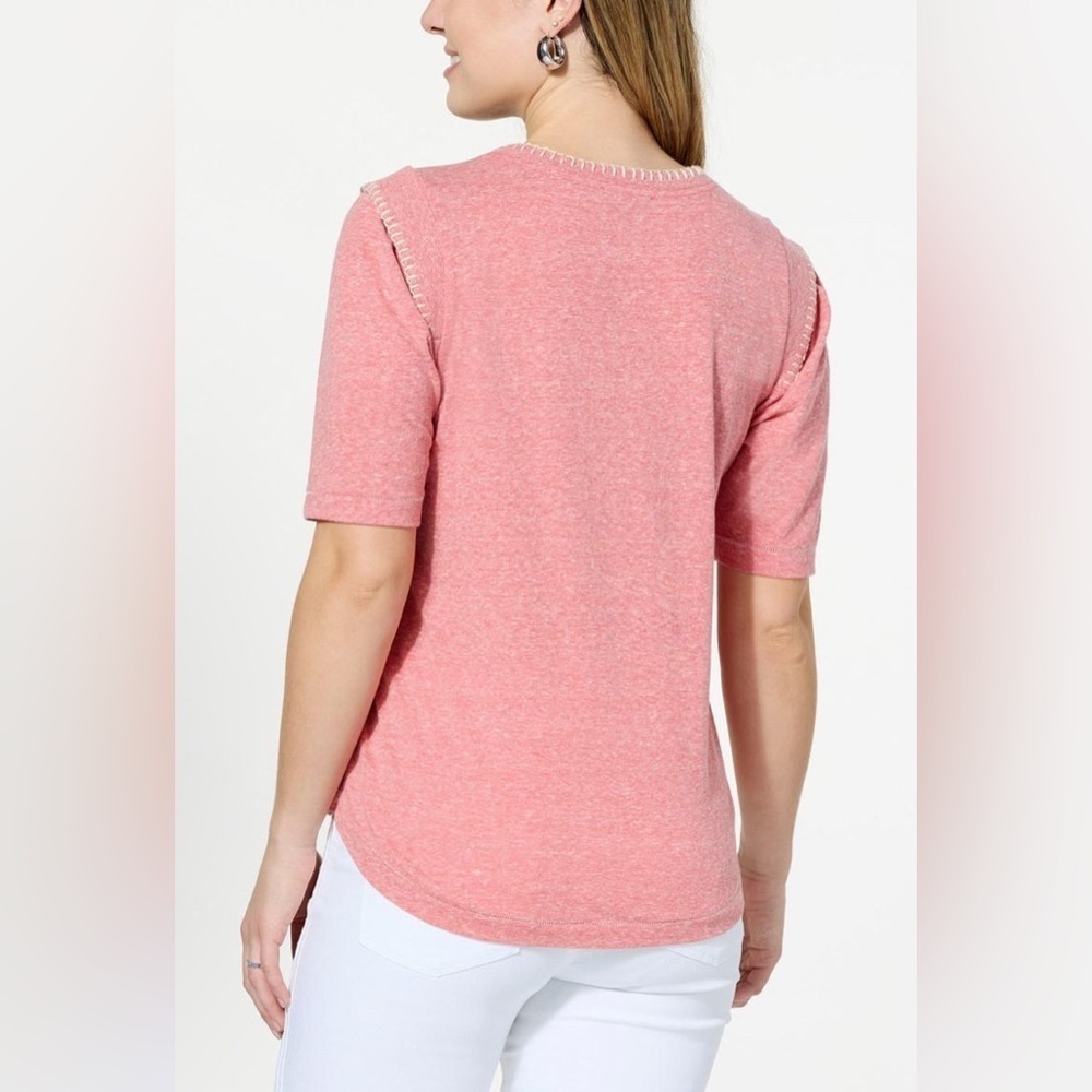 Democracy embroidered scoop neck Women's red heather ruffle short sleeve XL Top